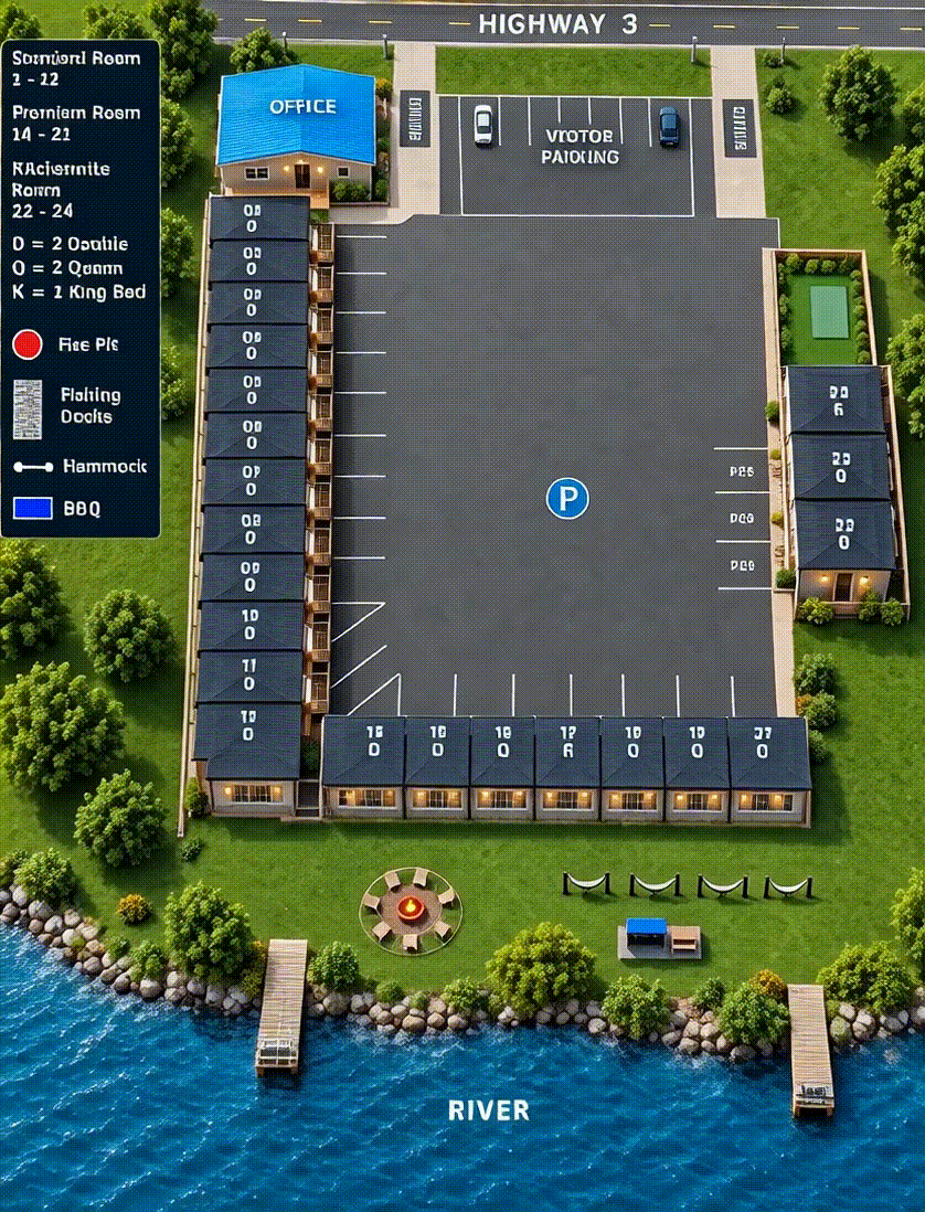 Riverview Motel 3D building map showing the Grand River